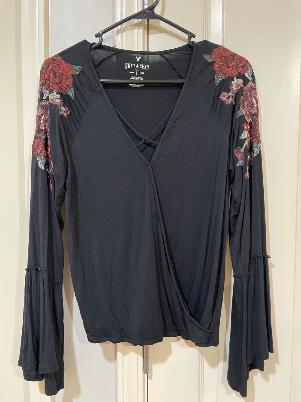 American Eagle Outfitters Black Long-Sleeve Wrap Top with Red Floral Embroidery